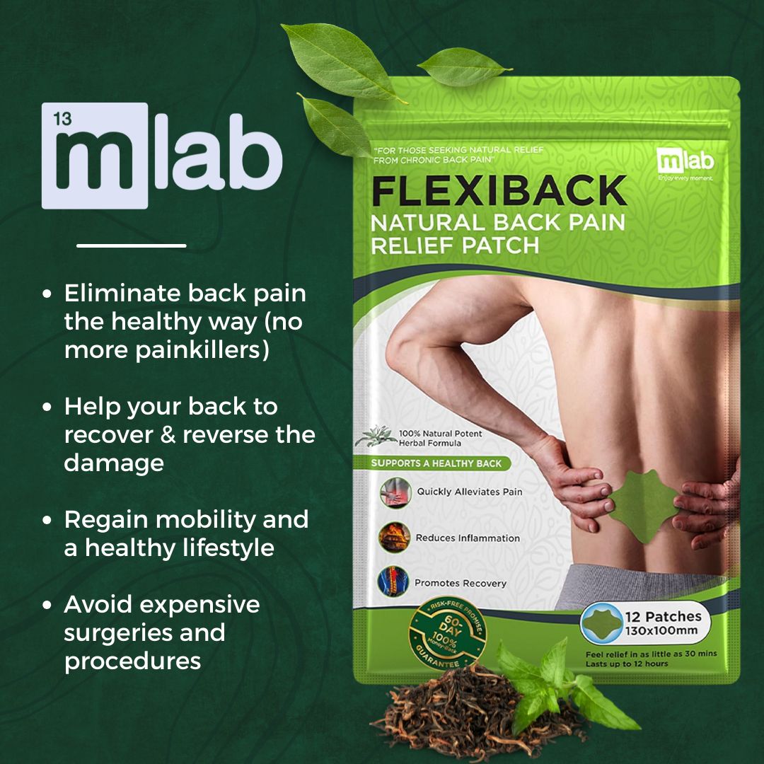 Packaging of Flexiback natural back pain relief patch with product benefits listed.
