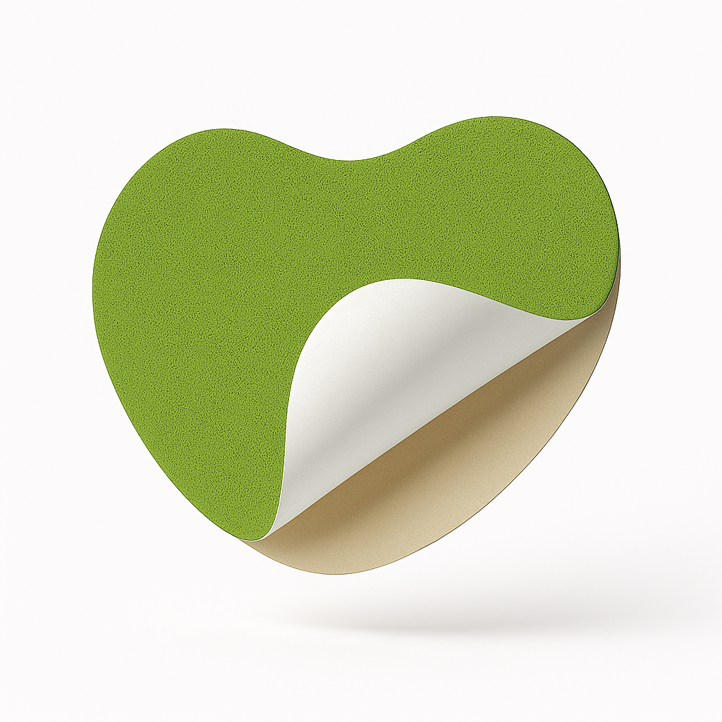 Green heart-shaped sticker with a curled corner on a white background.