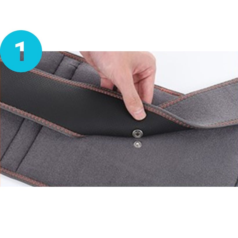 Hand holding a gray fabric with buttons, labeled with a blue number one.
