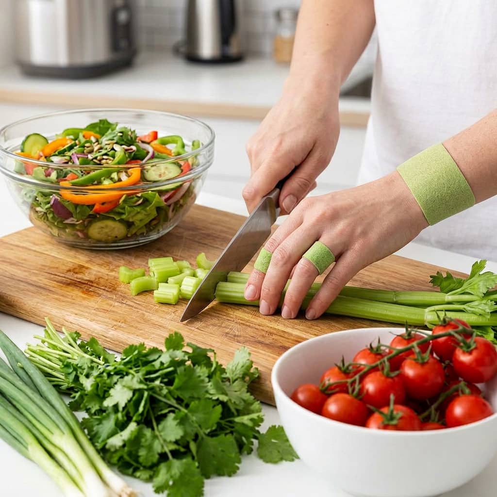 A person wearing green wraps on their fingers and wrist chops celery on a wooden cutting board.