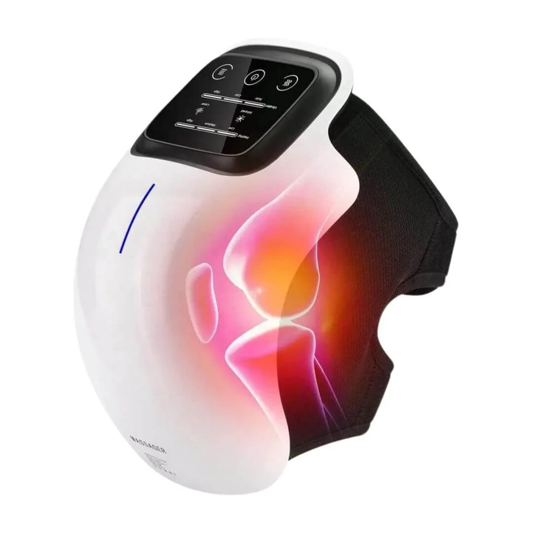 White knee massager with digital controls and glowing heat effect.
