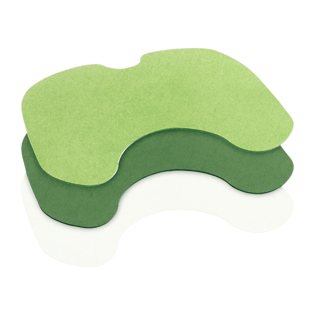 Three stacked, curved, green and white paper shapes.