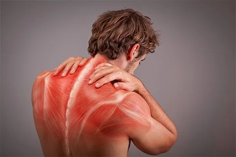 Illustration of a man with visible back muscles, holding his shoulder.