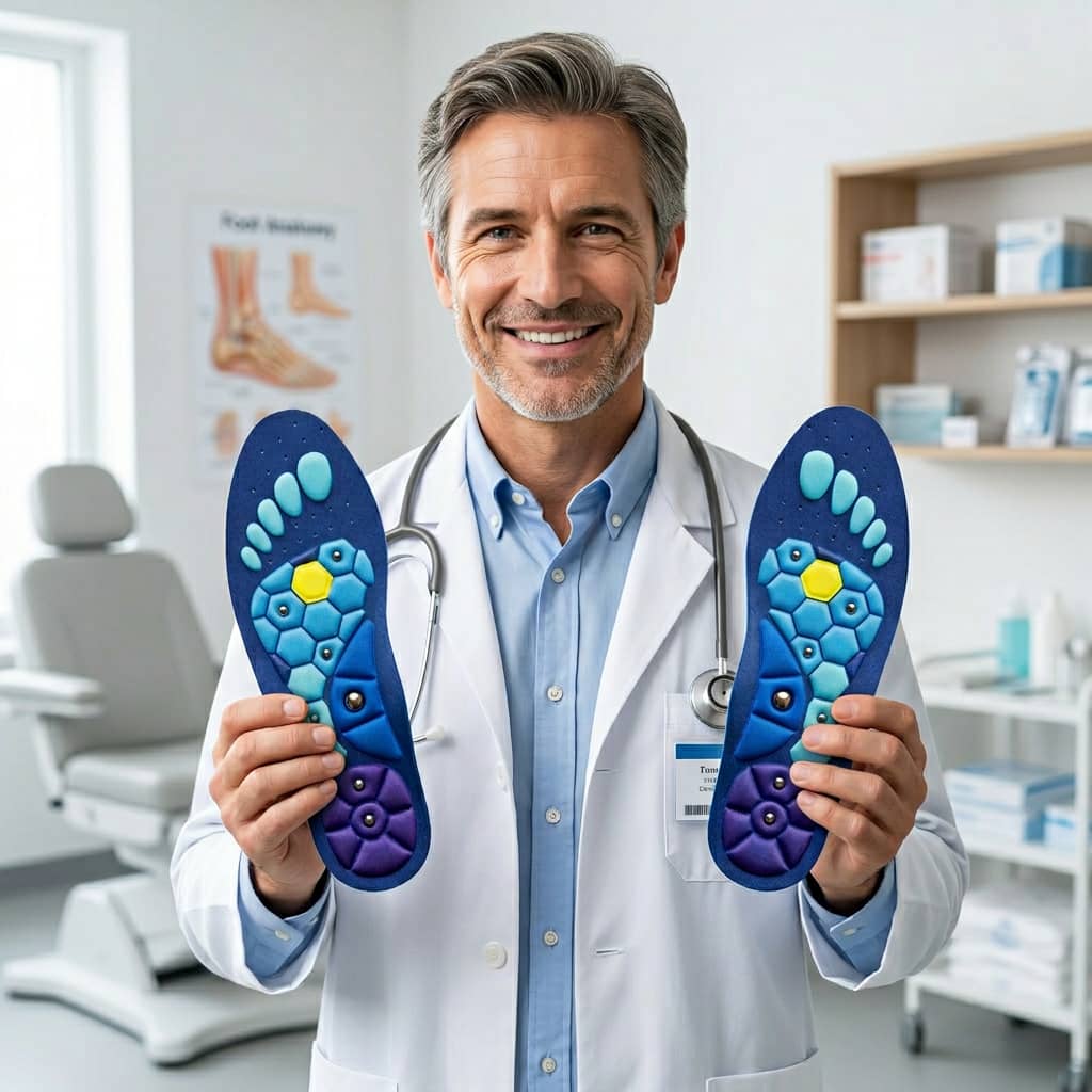 A smiling doctor in a white coat and stethoscope holds up a pair of blue shoe insoles.