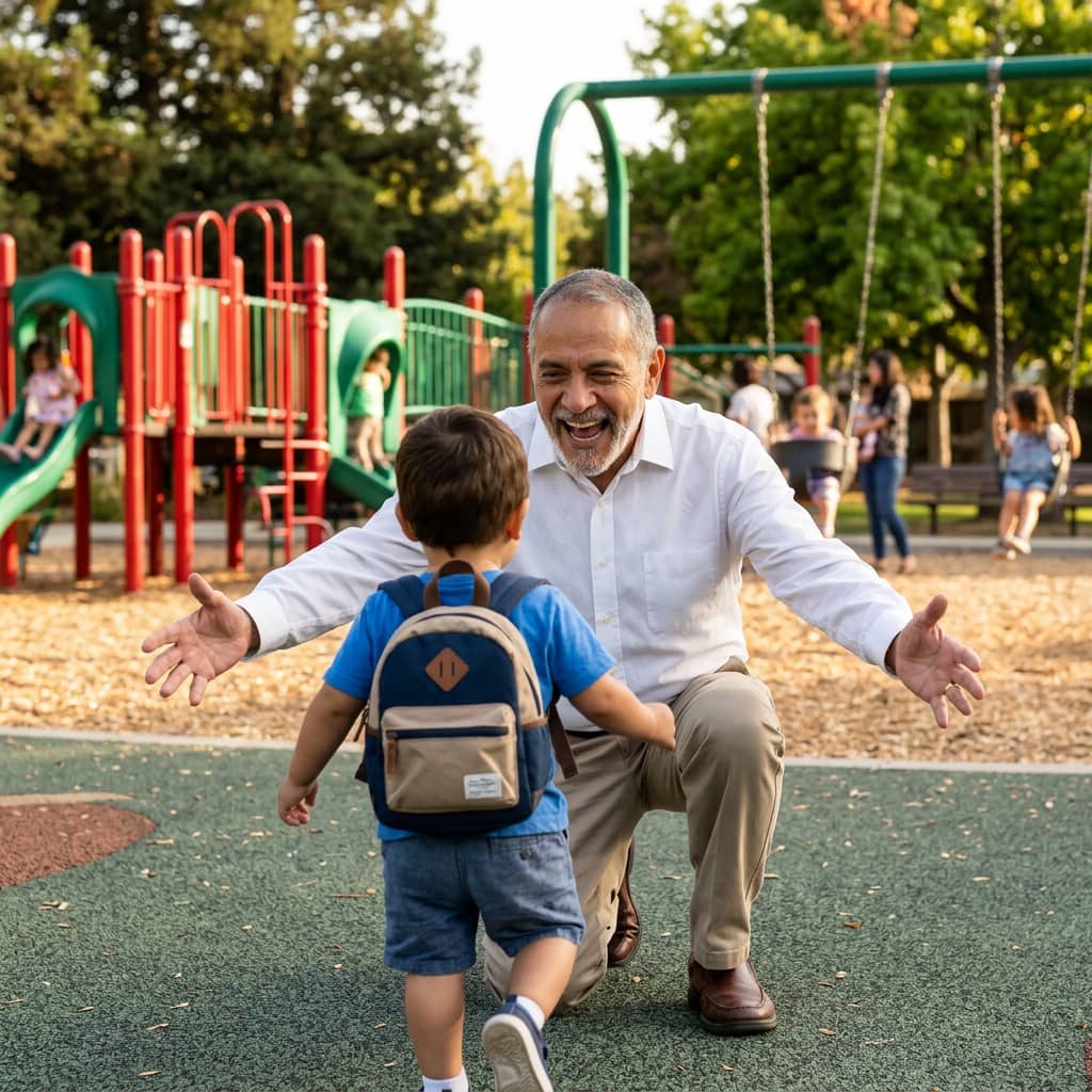 A smiling man kneels with open arms to greet a young boy wearing a backpack at a playground.