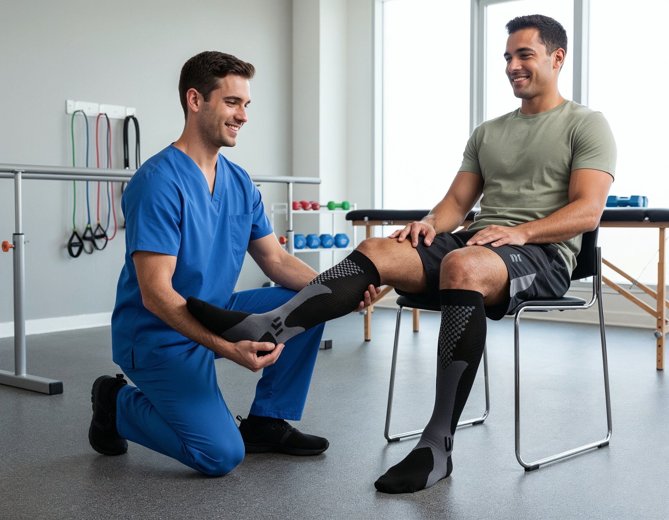 Physiotherapist in blue scrubs assists seated man with knee exercises.