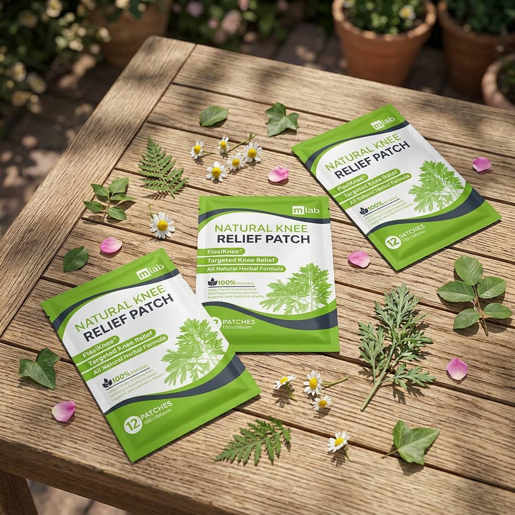 Three packets of Natural Knee Relief Patches displayed on a wooden table with scattered herbs and flowers.