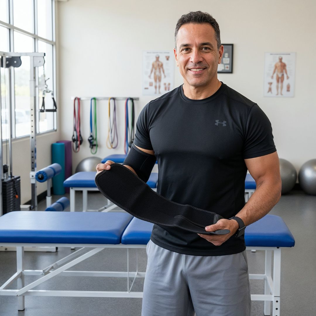 Man holding fitness equipment in a gym with exercise bands and tables.