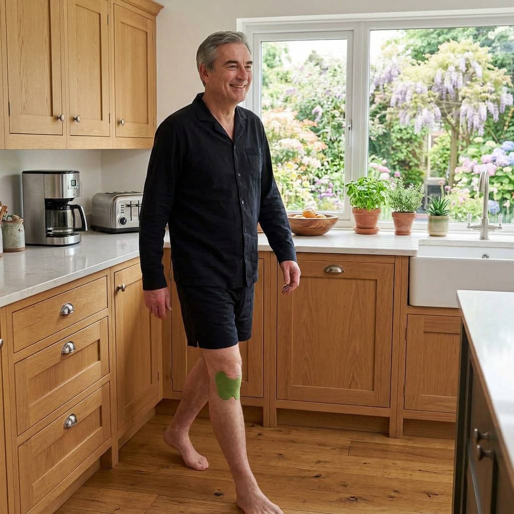 A smiling man in pajamas walks barefoot through a sunlit kitchen with a green patch on his knee.