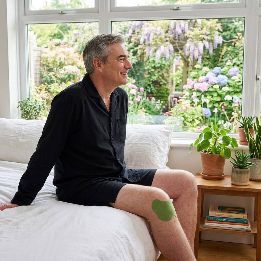 A smiling man in pajamas sits on a bed with a green patch on his knee, looking out a window.
