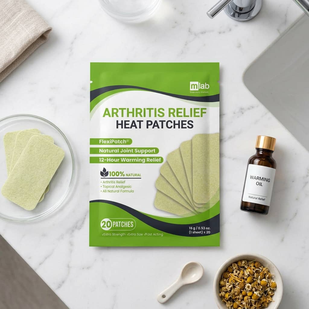 A package of arthritis relief heat patches displayed with warming oil and chamomile on a marble countertop.