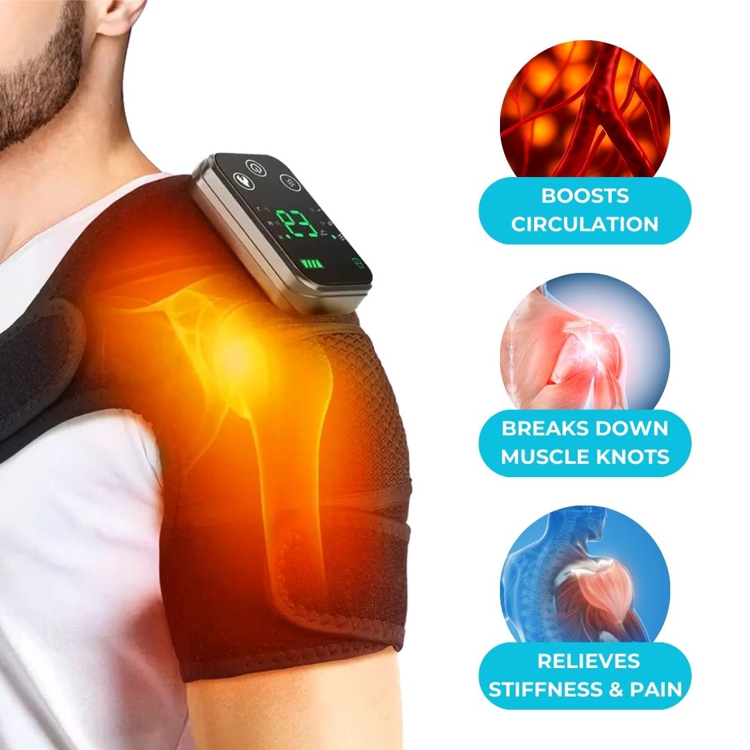 Man using shoulder massager promoting circulation, muscle knot relief, and pain reduction.