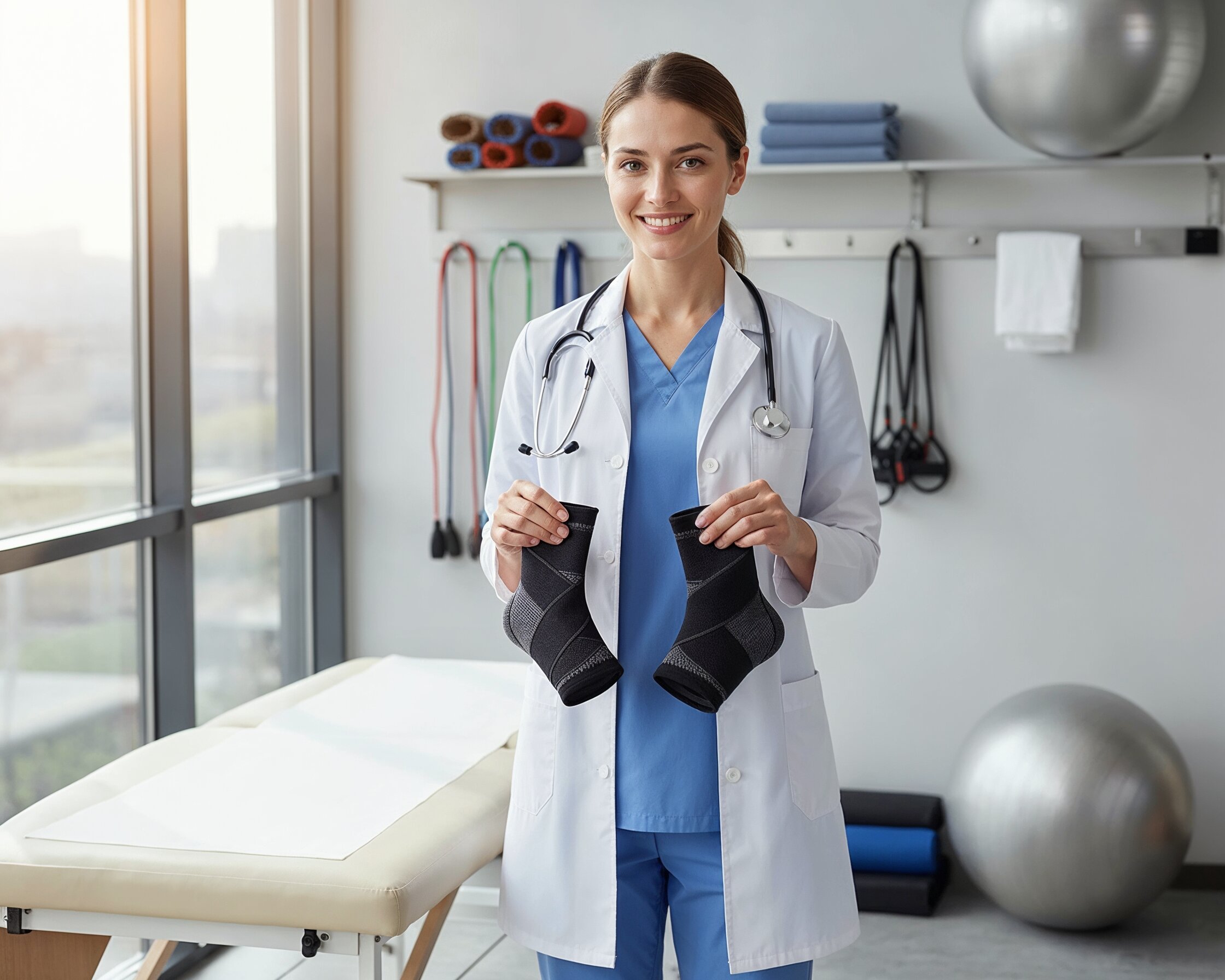 Doctor holding two black orthopedic ankle supports in a clinic.
