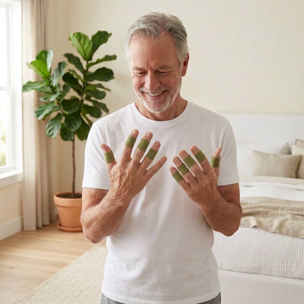 An older man in a white t-shirt smiles while looking at green bandages on his fingers.