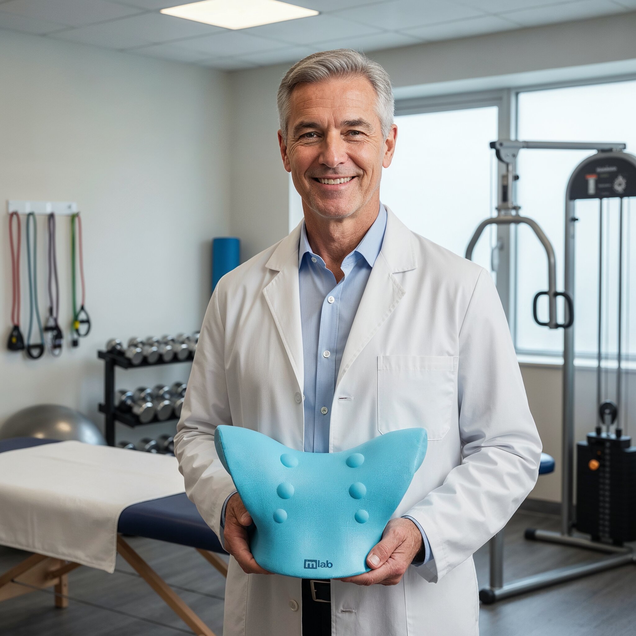 Man in lab coat holding a blue therapy device in a fitness room.