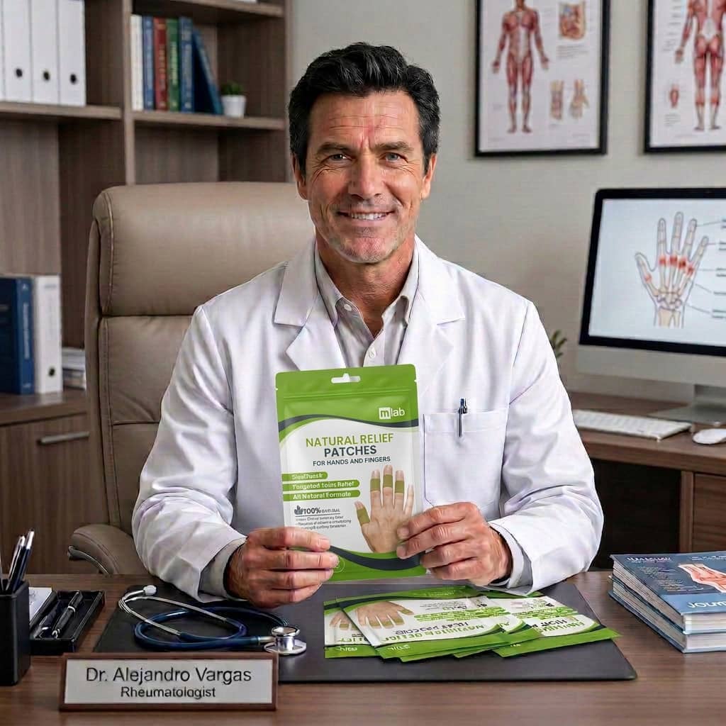 A doctor in a white coat sits at a desk holding a package of natural relief patches for hands.