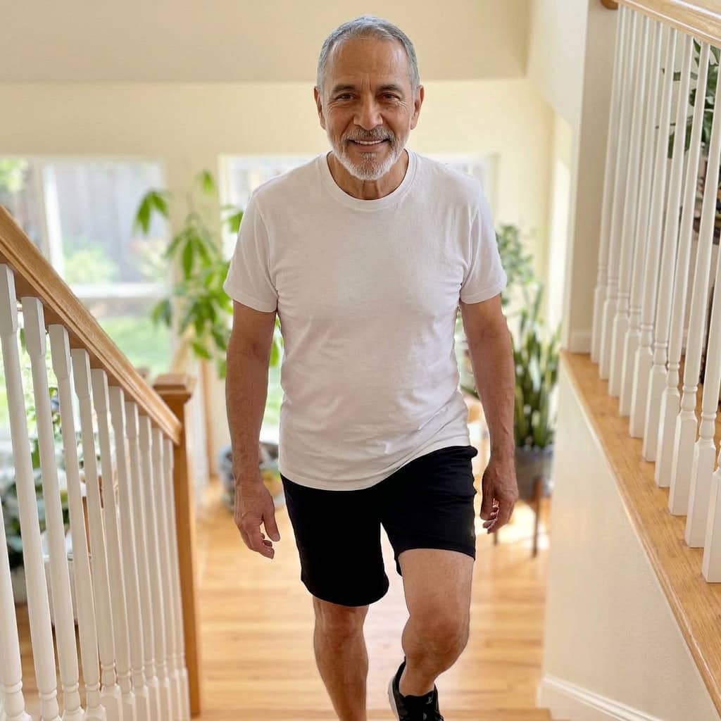 A smiling older man in a white shirt and black shorts walks up a wooden staircase.