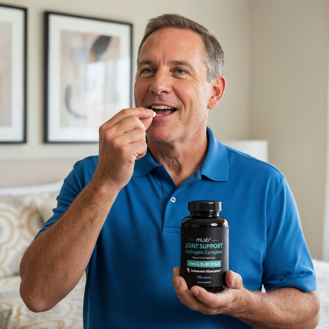 Man in blue shirt taking a supplement by mouth.