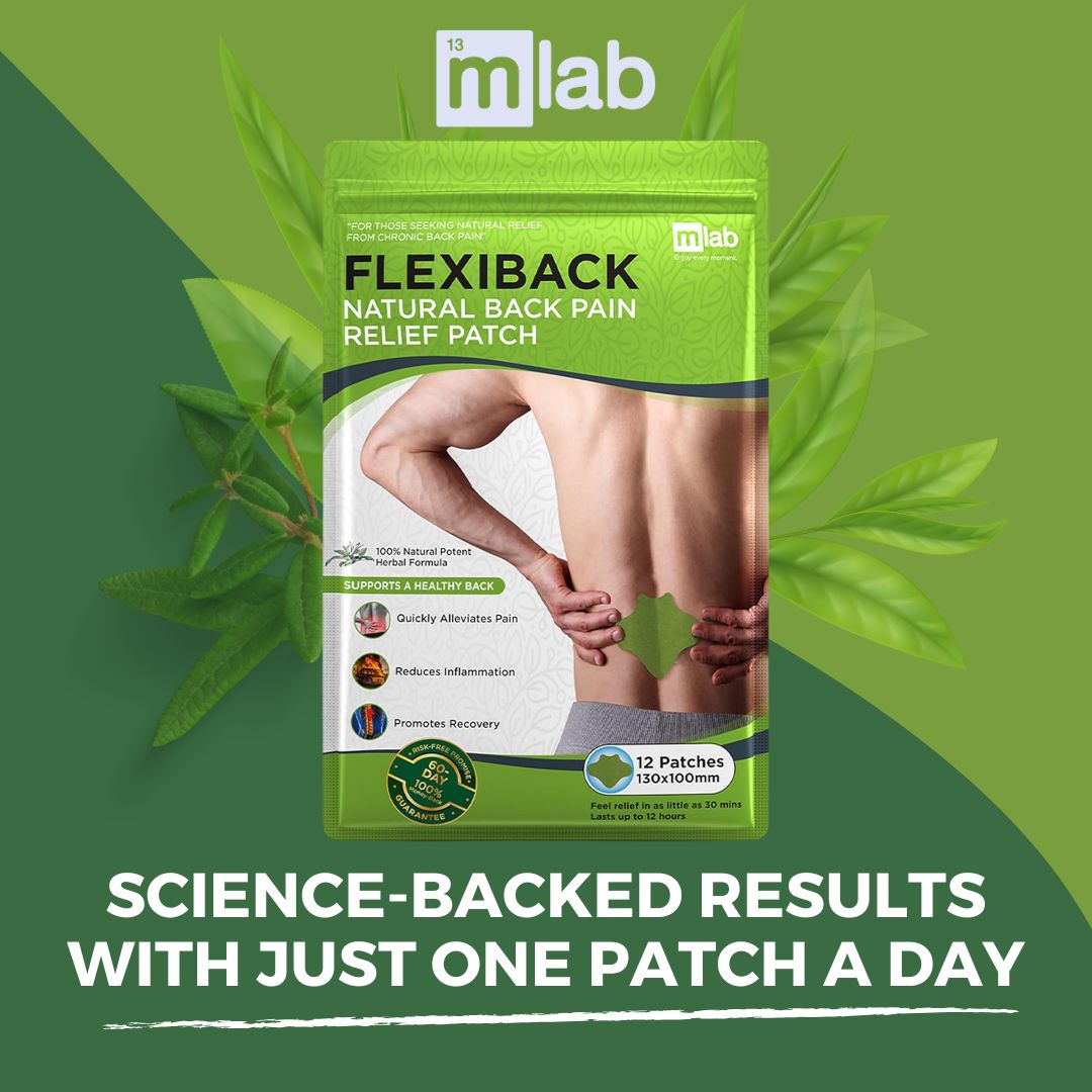 Green packaging of Flexiback natural back pain relief patch with leaves in the background.