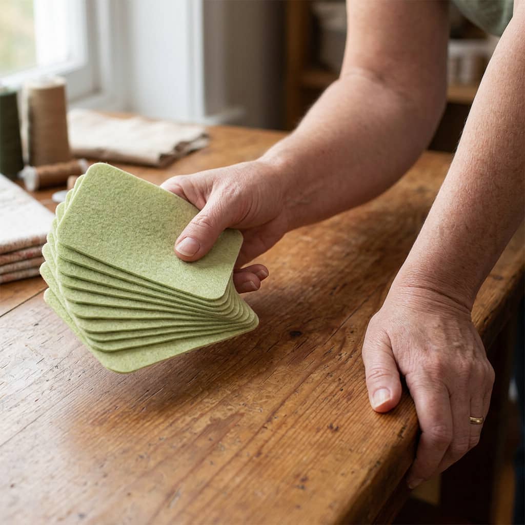 A person holds a stack of square, light green felt coasters over a wooden table.