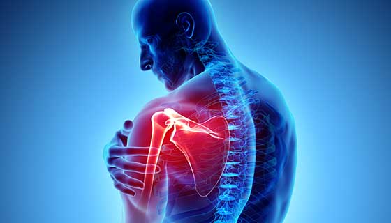 Illustration of a person holding their shoulder with highlighted shoulder joint and spine.