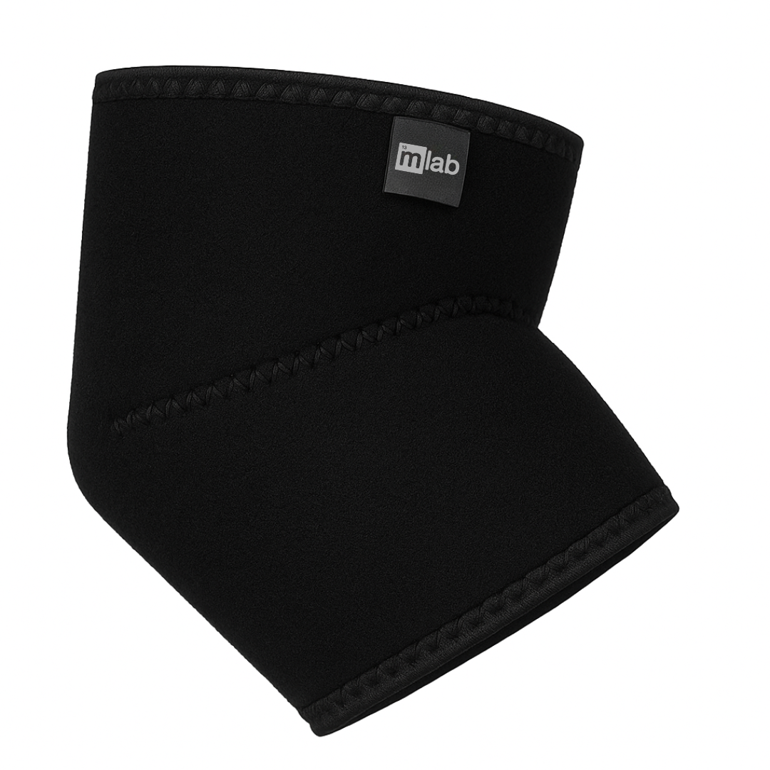 Black neoprene sleeve with stitching and a logo tag, angled view.