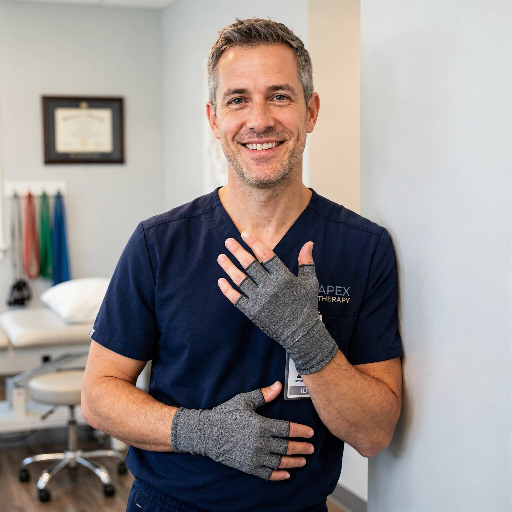 A smiling man in blue scrubs and gray fingerless gloves stands in a therapy office.