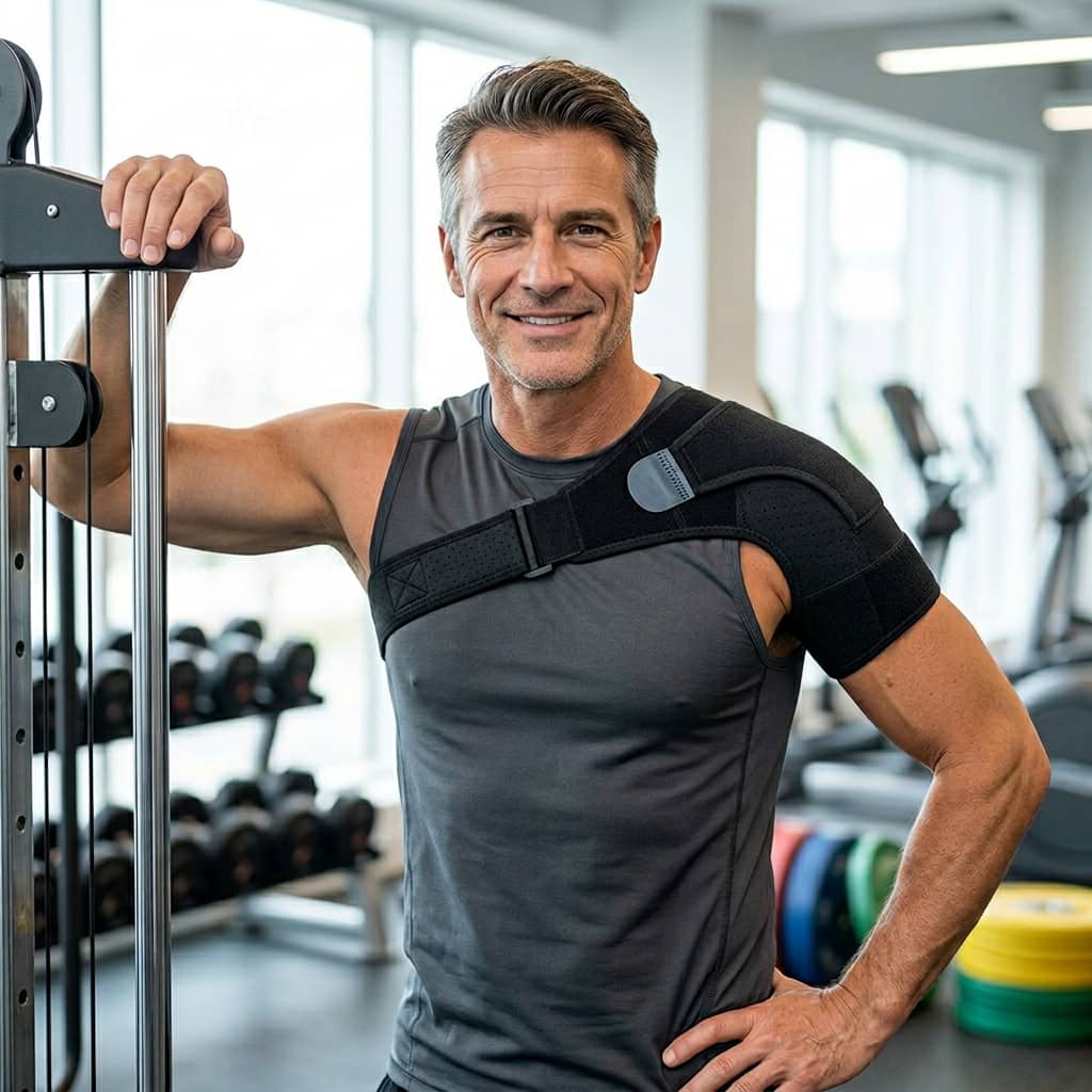 A smiling man in a gym wears a black brace on his left shoulder while resting on equipment.