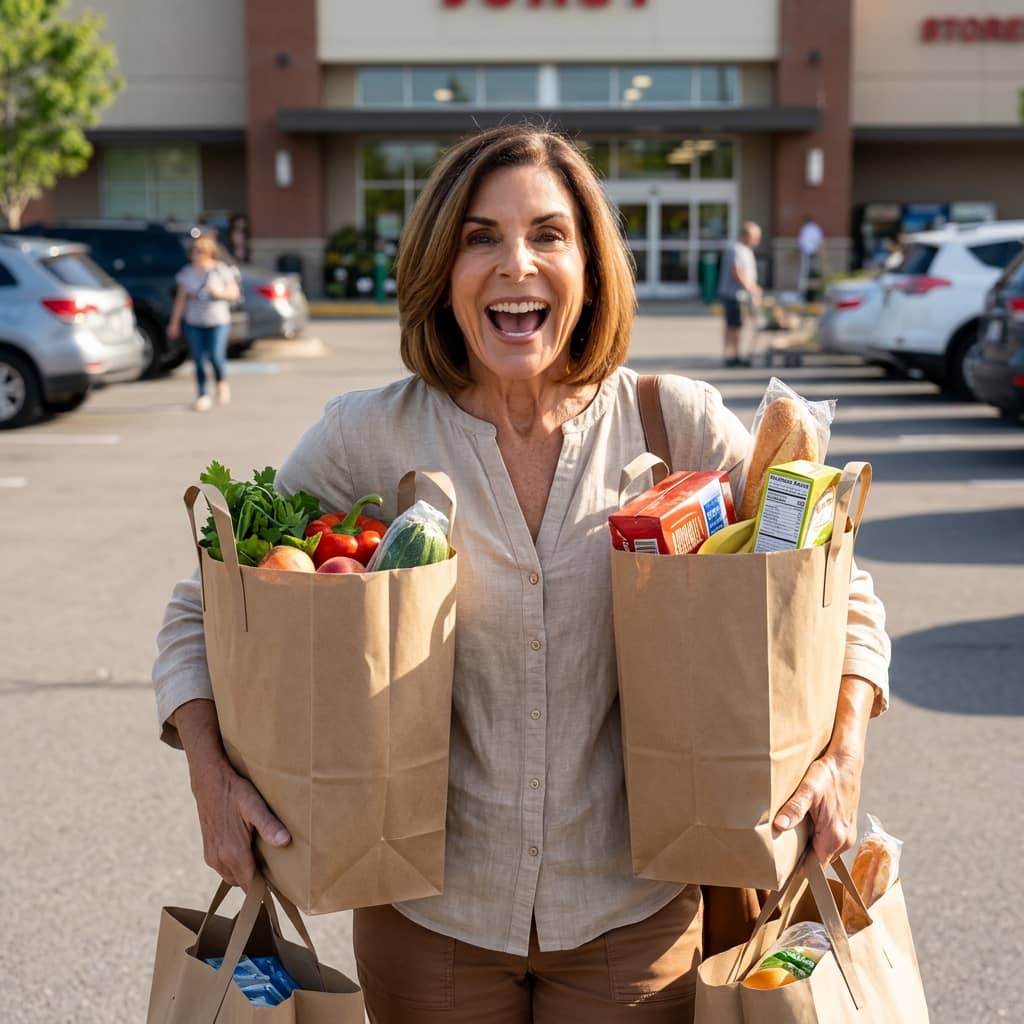 A smiling woman holds several paper bags full of groceries in a store parking lot.