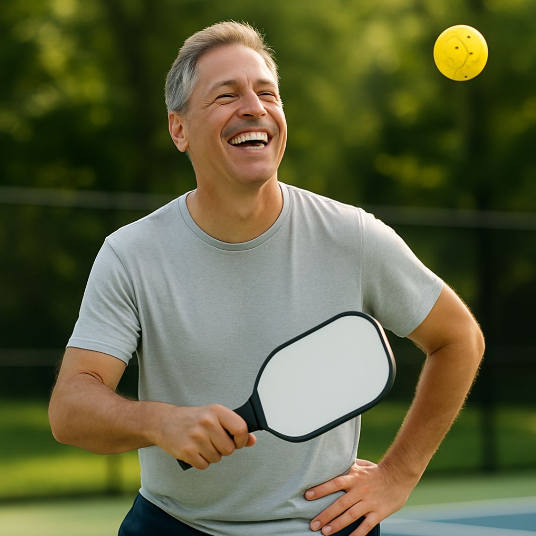 Man smiling while holding a pickleball paddle on a court.