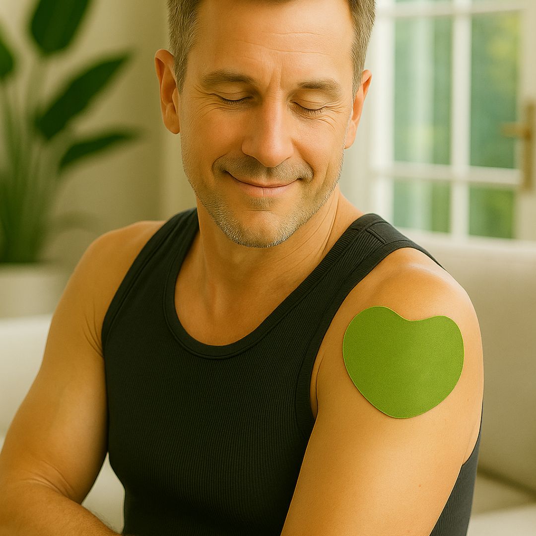 Man in black tank top with green patch on shoulder, smiling with eyes closed.