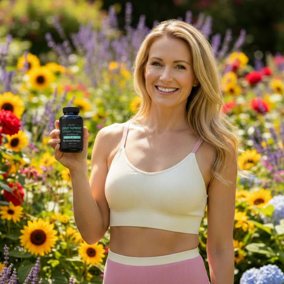 Person holding a bottle in a colorful flower garden.