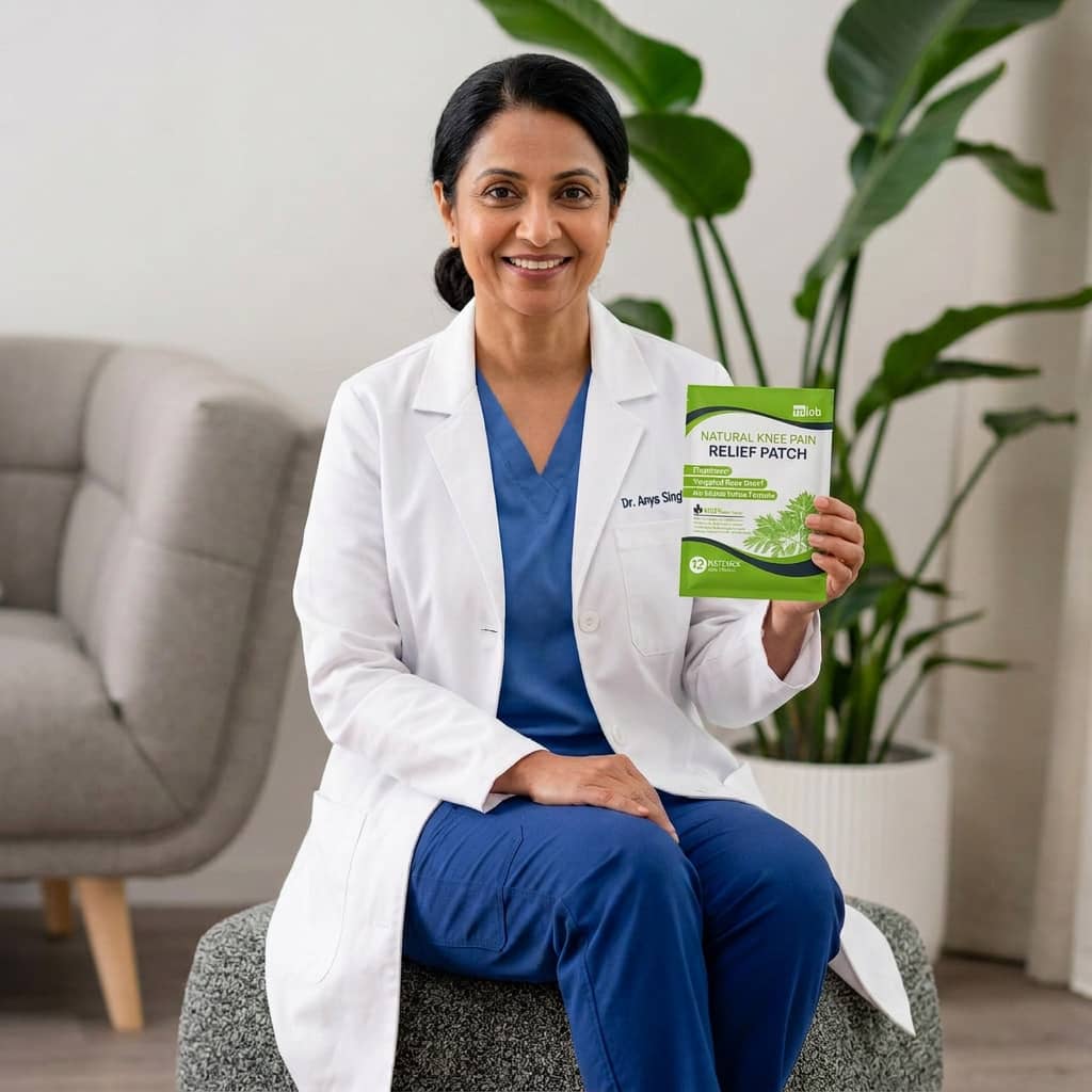A smiling woman in a white coat and blue scrubs holds a package of natural knee pain relief patches.