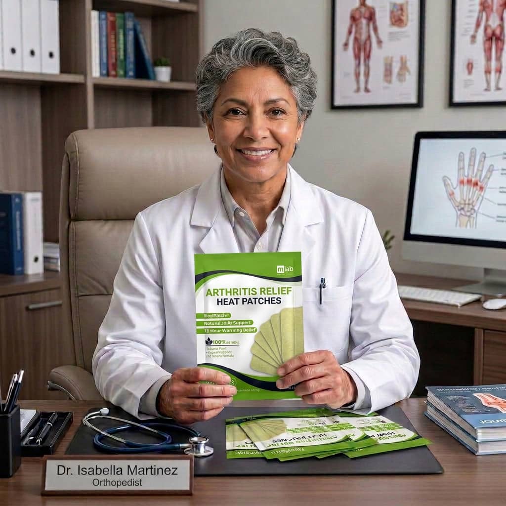 A smiling doctor in a white coat sits at a desk holding a package of arthritis relief heat patches.