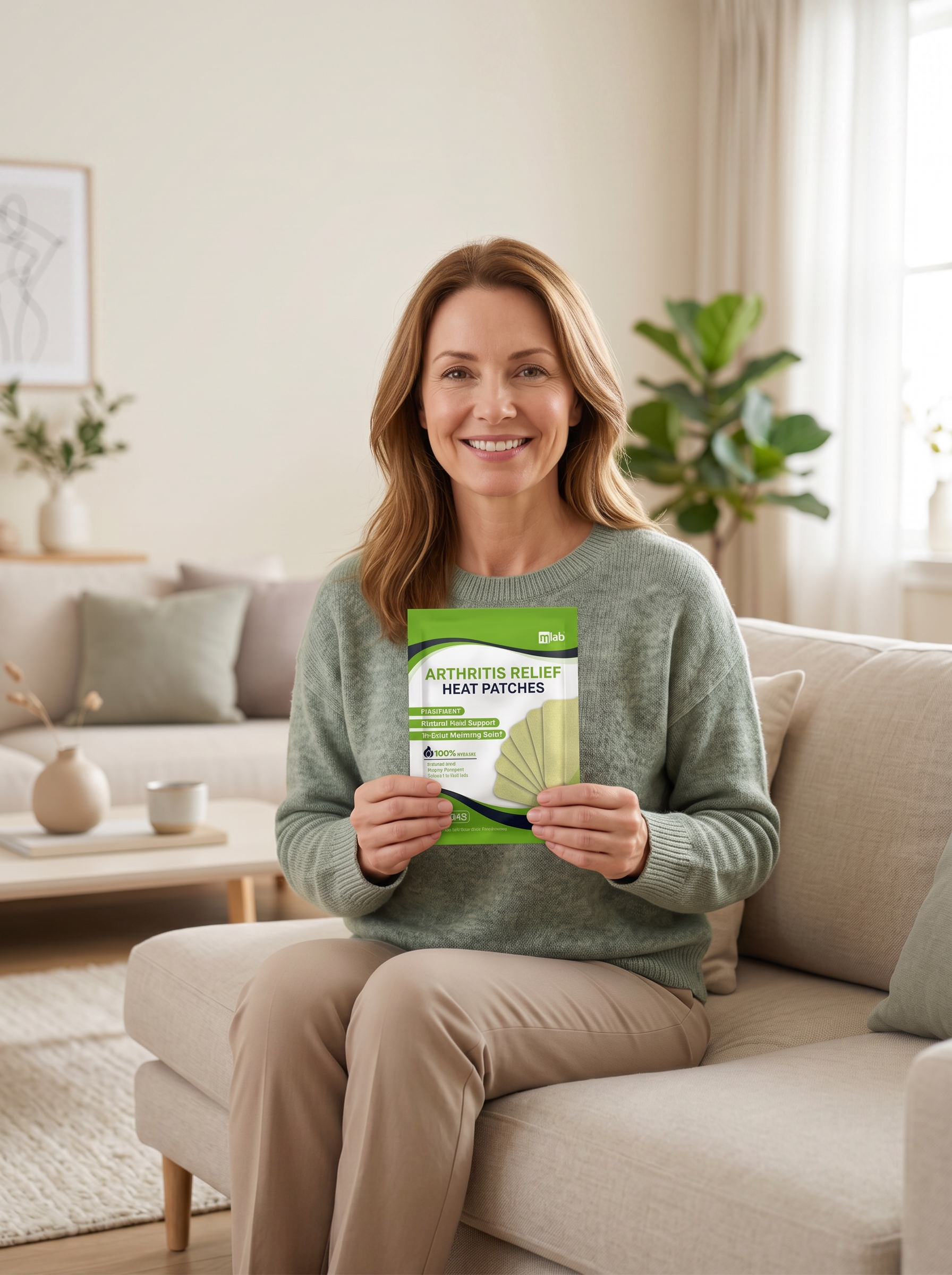 A smiling woman sits on a couch, holding a package of Arthritis Relief Heat Patches.