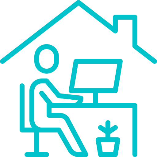 Line drawing of a person at a desk with a computer inside a house.