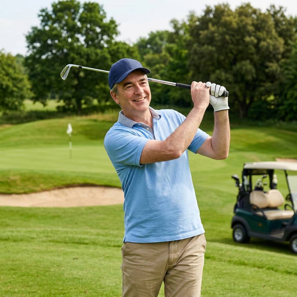 A smiling man in a blue polo shirt and cap holds a golf club after swinging on a course.