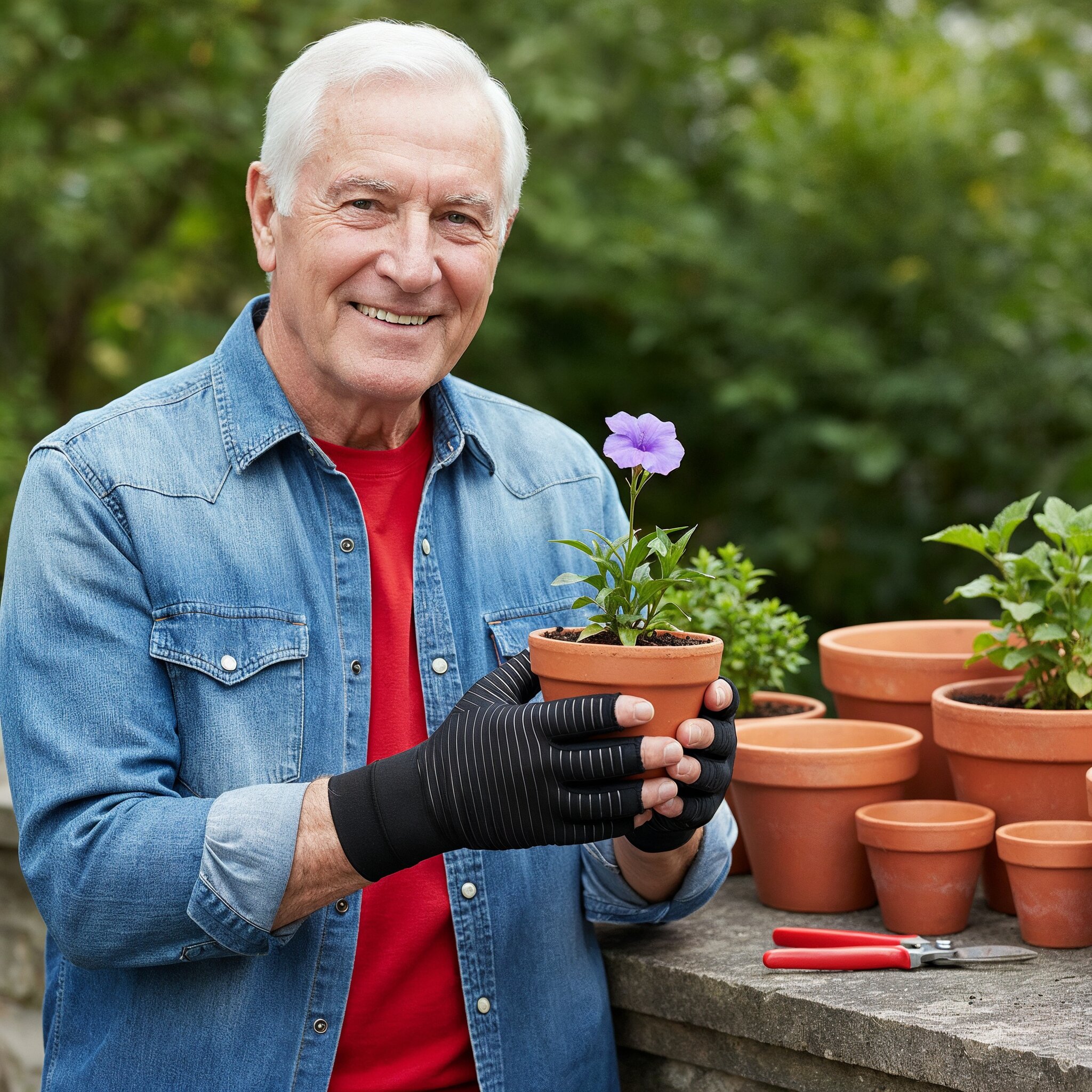 Smiling man holding a potted plant in a garden setting.
