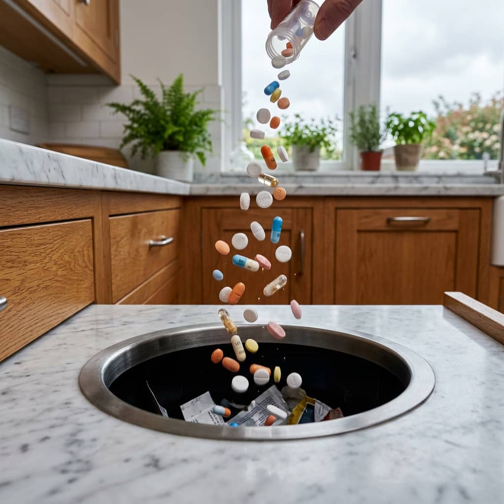 A hand pours various pills from a bottle into a trash can built into a kitchen counter.