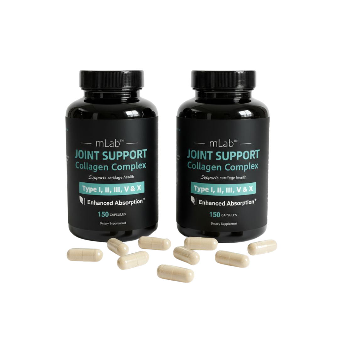 Two black bottles of mLab Joint Support Collagen Complex with capsules scattered in front of them.