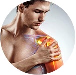 Man holding his shoulder with highlighted muscles in pain.