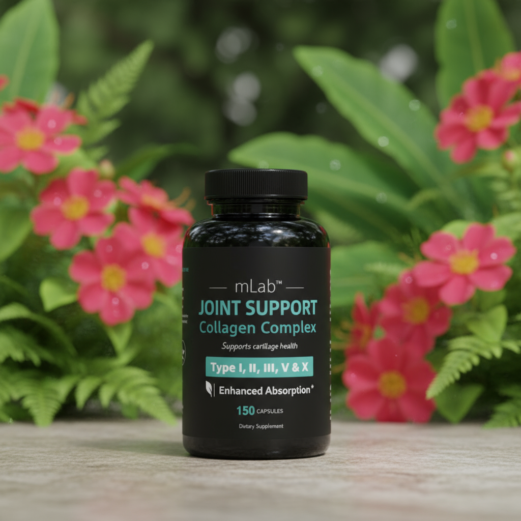 Black supplement bottle labeled 'Joint Support Collagen Complex' in front of pink flowers and green leaves.