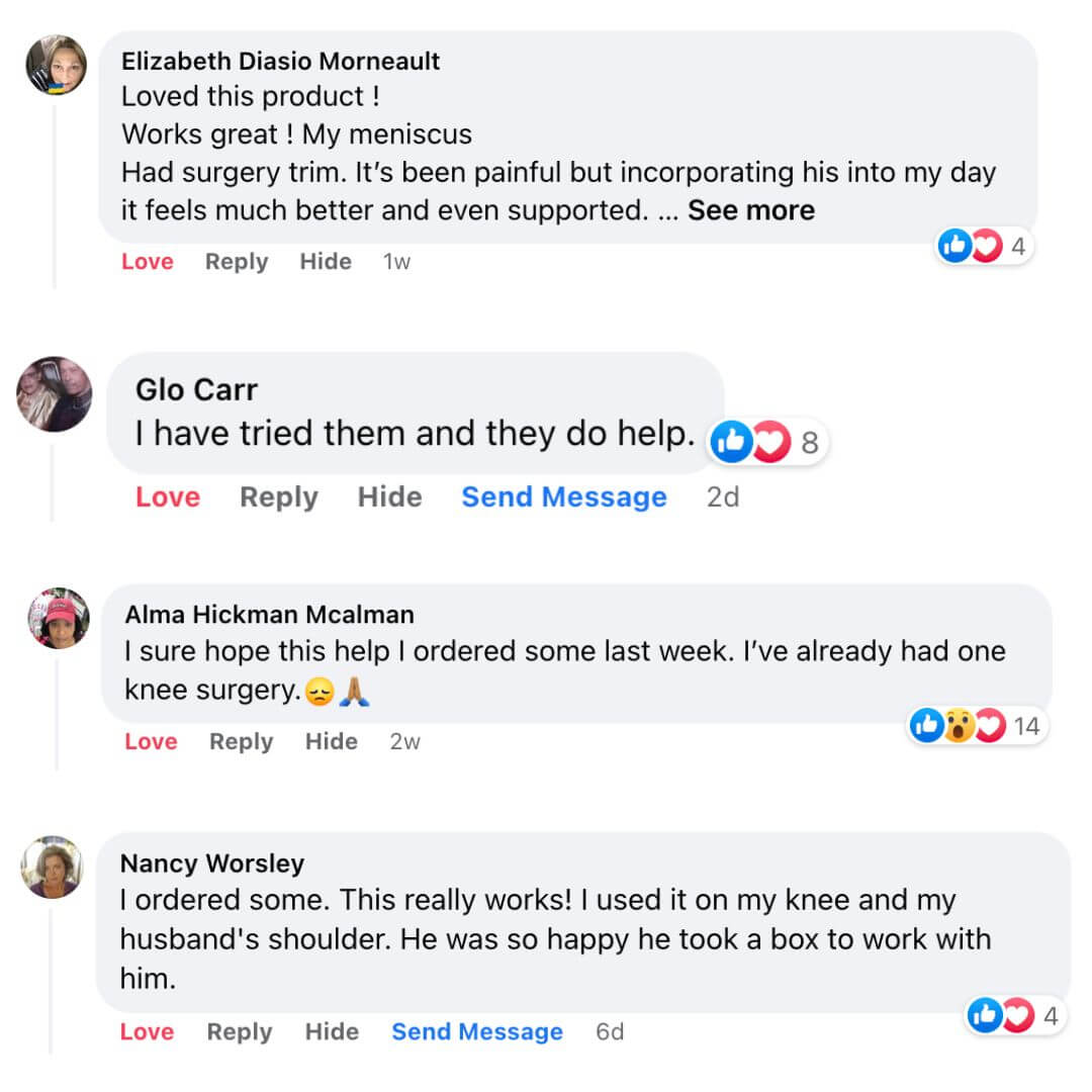 A series of positive comments and reactions on a Facebook post about a product.