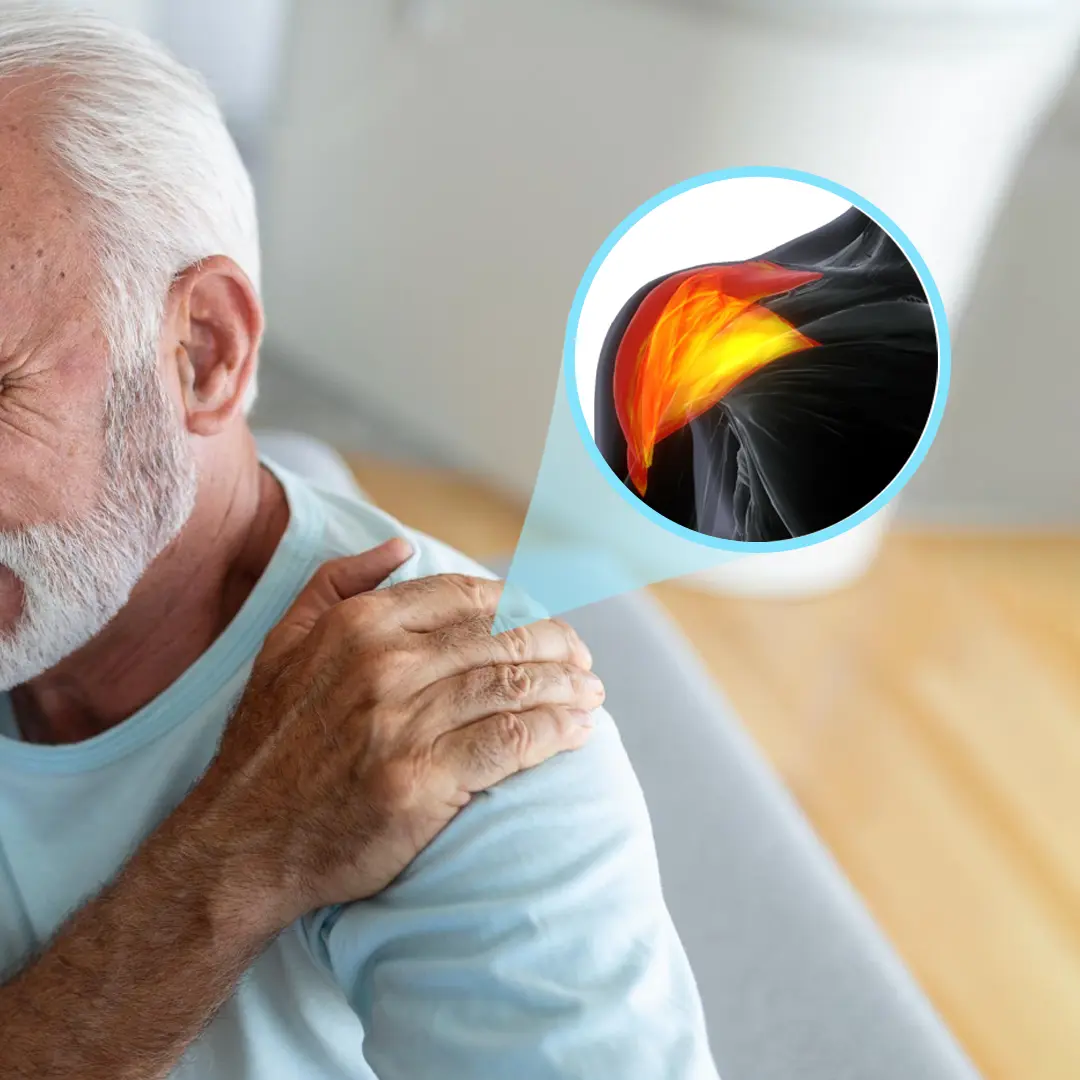 Elderly man gripping shoulder, highlighting joint inflammation.
