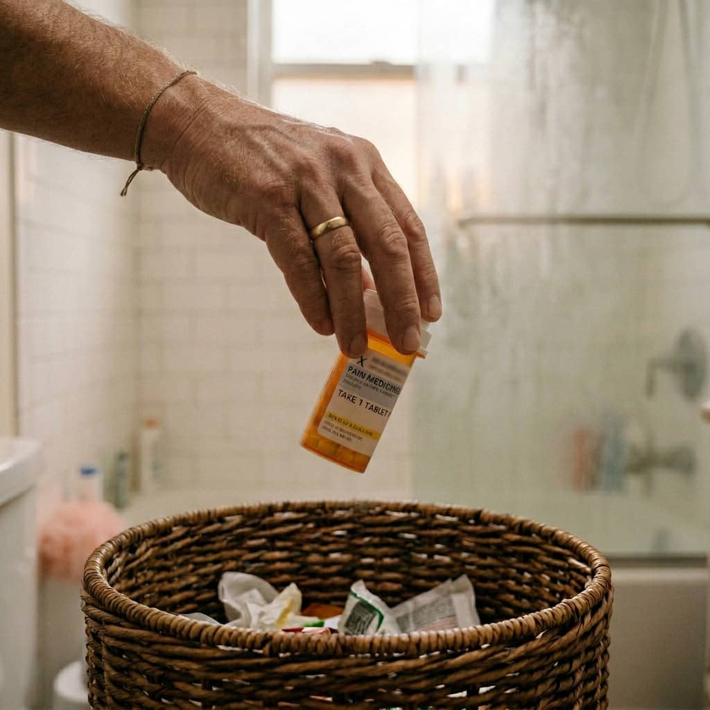 A person's hand drops a prescription bottle of pain medicine into a woven trash basket in a bathroom.