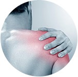 Man holding shoulder with highlighted pain area in red.