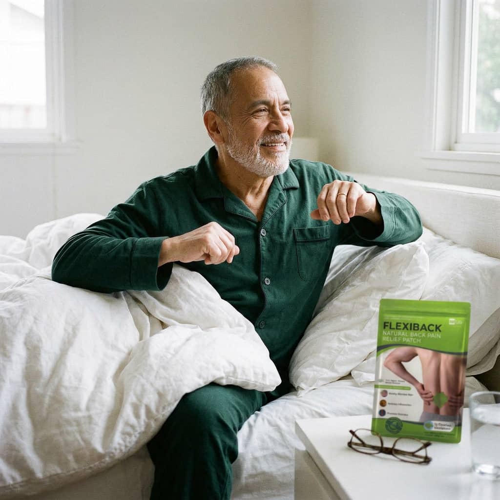 An older man in green pajamas sits up smiling in bed, next to a package of back pain patches.