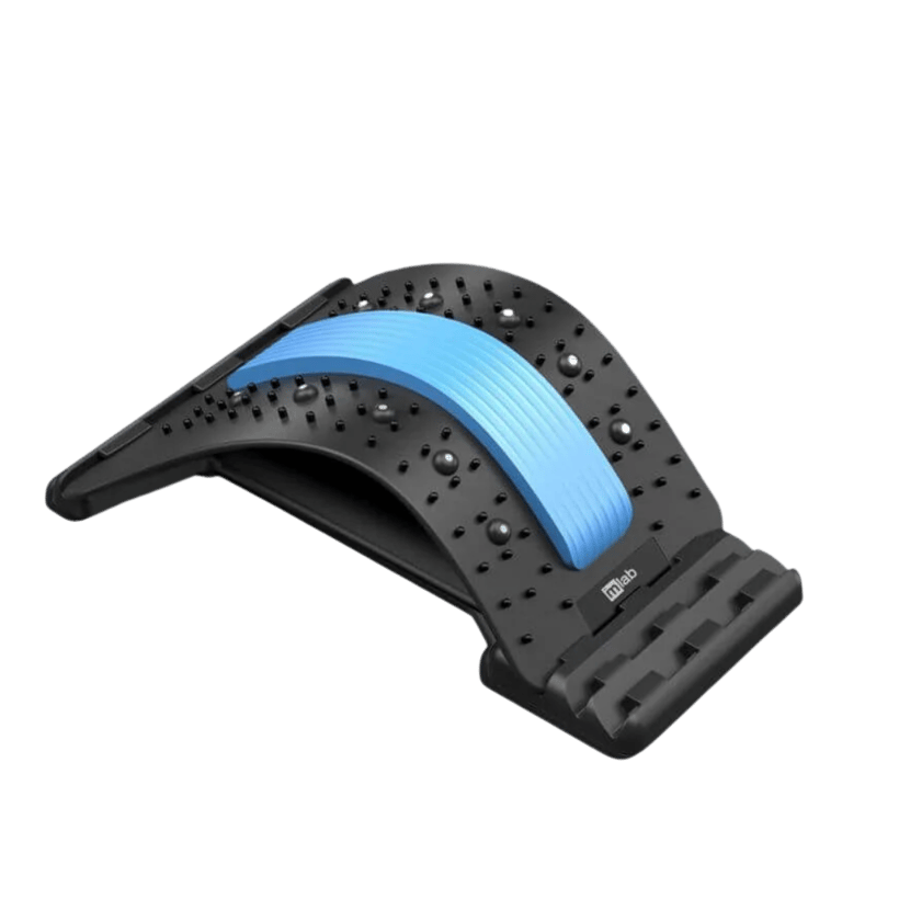 Heated back massager with remote control on a blue background.