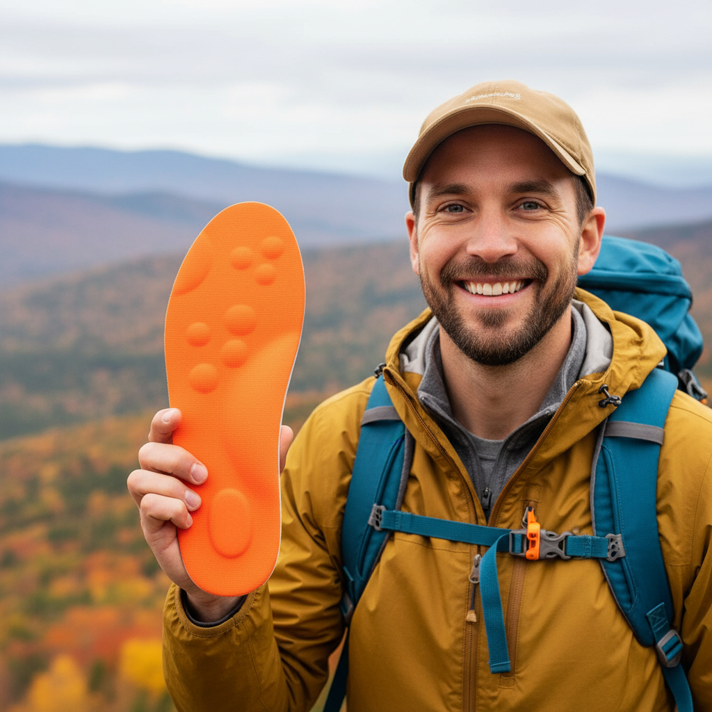 Smiling man holding an orange insole, with a mountain landscape in the background.