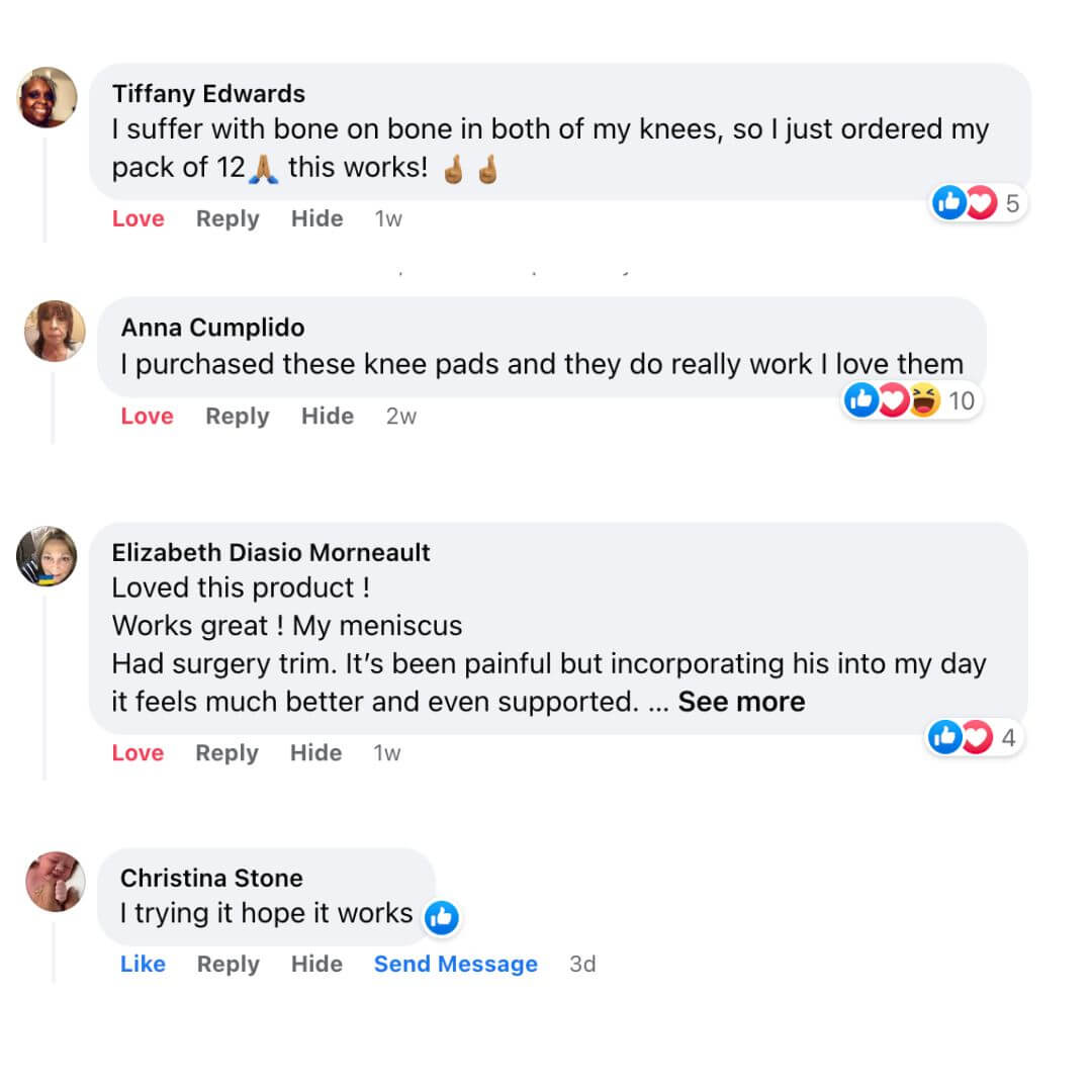 Four Facebook comments discussing knee pain and product experiences.